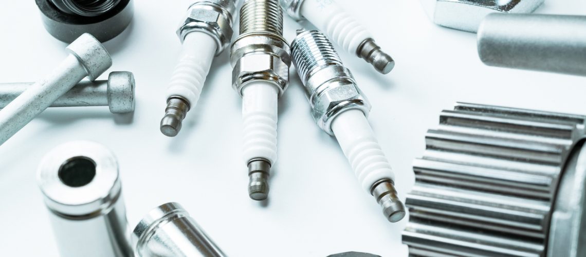 Accessories for cars. Set of new metal car part. Auto motor mechanic spare or automotive piece isolated on white background. Repair and vehicle service