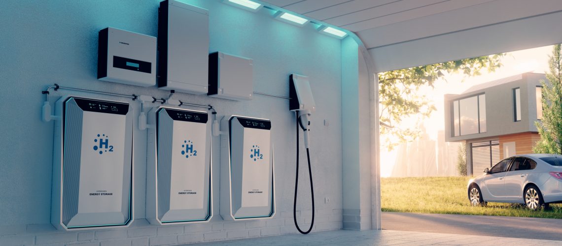 The concept of local home energy storage using hydrogen and a battery in a garage in a beautiful afternoon atmosphere with a backdrop of an electric hydrogen car, a house and a city. 3d rendering. The concept of local home energy storage using hydrogen and a battery in a garage in a beautiful afternoon atmosphere with a backdrop of an electric hydrogen car, a house and a city. 3d rendering.